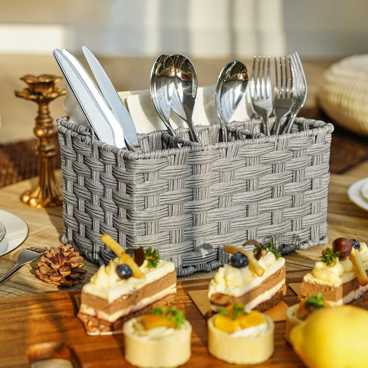 GRANNY SAYS Wicker Utensil Caddy - Picnic Basket with Handle, Organizer for Kitchen Table or Cabinet, Silverware Holder for Parties
