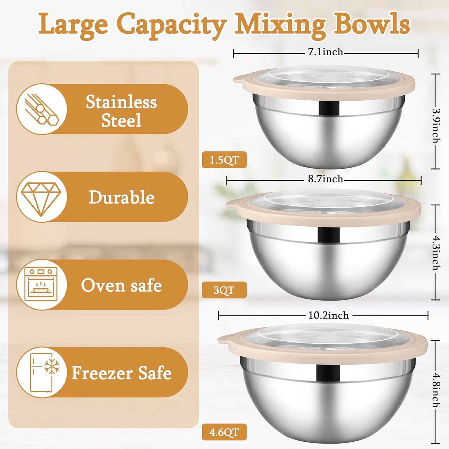 LIANYU Mixing Bowls with Airtight Lids Sets, 3 Packs Stainless Steel Metal Mixing Bowls, Ideal for Prepping, Cooking, Storage, Serving, Freezer & Dishwasher Safe, Khaki