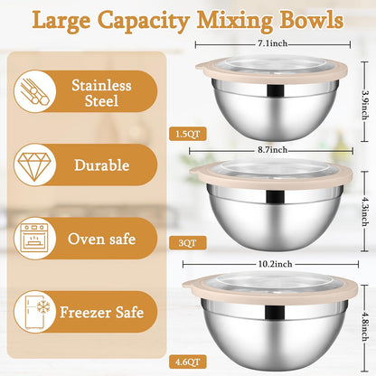 LIANYU Mixing Bowls with Airtight Lids Sets, 3 Packs Stainless Steel Metal Mixing Bowls, Ideal for Prepping, Cooking, Storage, Serving, Freezer & Dishwasher Safe, Khaki
