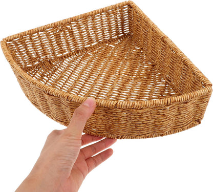 Sturdy Triangle Corner Basket with Imitation Rattan Weaving, 10-inch Fan Shaped Storage Bin for Wardrobe and Home, Easy Access Corner Makeup Organizer for Fruit and Snacks