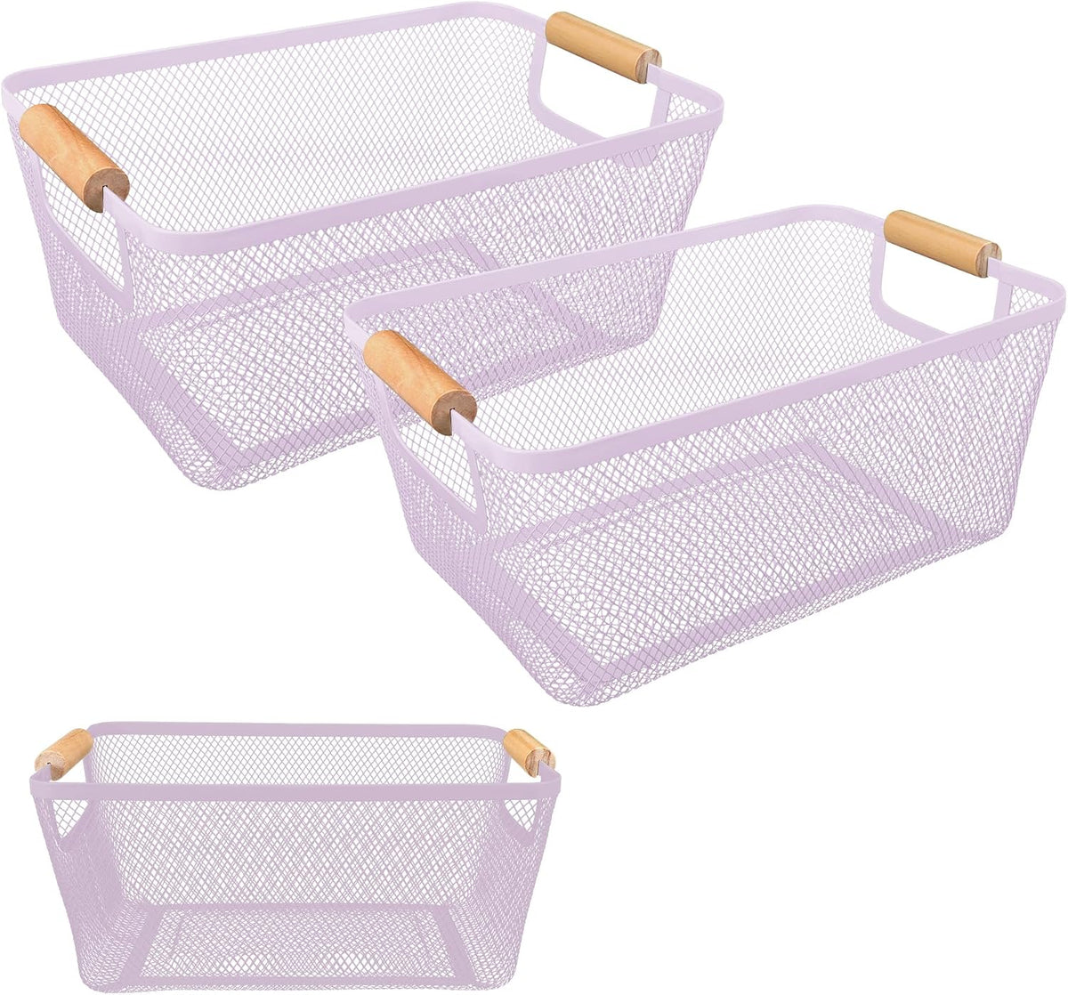 2Pack Metal Mesh Steel Basket with Bamboo Handle - Wire Metal Basket for Kitchen Organization, 12" Wide Food Organizer Bin, Perfect for Organizing Bulk Pantry (WHITE)