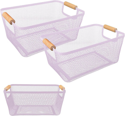 2Pack Metal Mesh Steel Basket with Bamboo Handle - Wire Metal Basket for Kitchen Organization, 12" Wide Food Organizer Bin, Perfect for Organizing Bulk Pantry (WHITE)