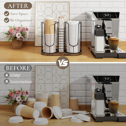 Coffee Cup Holder 18oz 3-Compartment Paper Cup Dispenser Rack with Wood Base - Disposable Cup, Straw & Lid Organizer 3-in-1 Storage for Countertop, Coffee Bar, Kitchen, Office