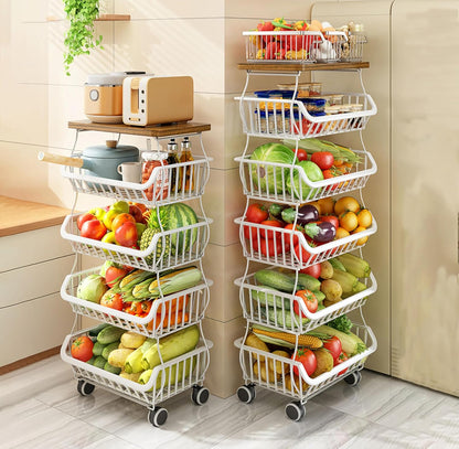 MURRI&MURRDI Fruit Vegetable Storage Basket with Wooden Lid, 6 Tier Stackable Wire Kitchen Cart with Wheels, Tall Produce Snack Racks Display, Narrow Rolling Cart for Pantry Onion Potato, Black