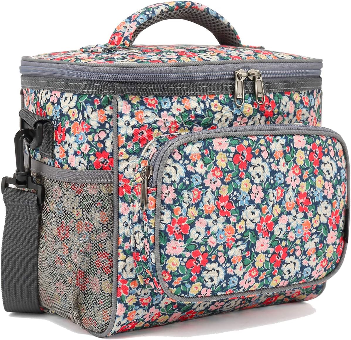 FlowFly Insulated Reusable Lunch Bag Adult Large Lunch Box for Women and Men with Adjustable Shoulder Strap,Front Zipper Pocket and Dual Large Mesh Side Pockets,Cherry - Colors A