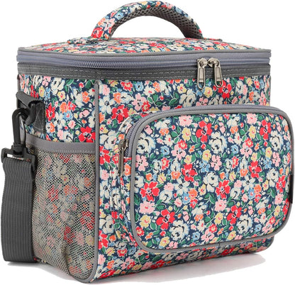 FlowFly Insulated Reusable Lunch Bag Adult Large Lunch Box for Women and Men with Adjustable Shoulder Strap,Front Zipper Pocket and Dual Large Mesh Side Pockets,Cherry - Colors A