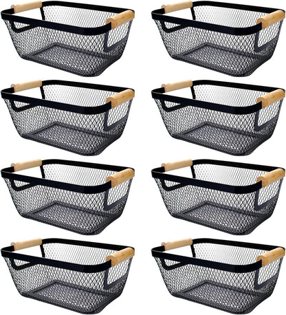 8 Pcs Black Wire Basket with Wooden Handle Metal Mesh Baskets for Pantry Storage Snack Organizer for Kitchen Cabinet Bathroom Fridge Fruit Makeup Office