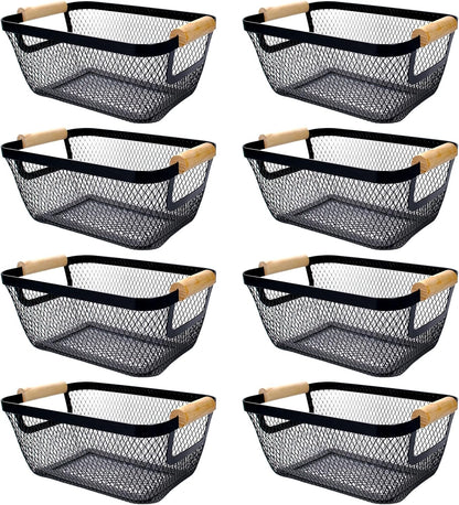 8 Pcs Black Wire Basket with Wooden Handle Metal Mesh Baskets for Pantry Storage Snack Organizer for Kitchen Cabinet Bathroom Fridge Fruit Makeup Office