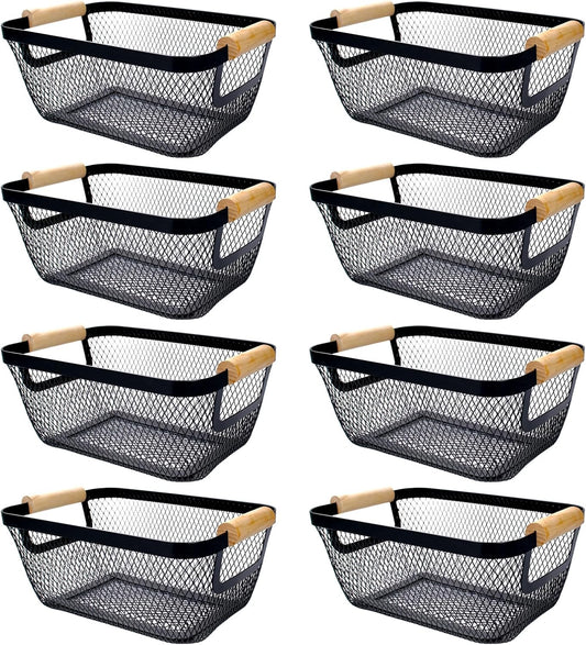 8 Pcs Black Wire Basket with Wooden Handle Metal Mesh Baskets for Pantry Storage Snack Organizer for Kitchen Cabinet Bathroom Fridge Fruit Makeup Office