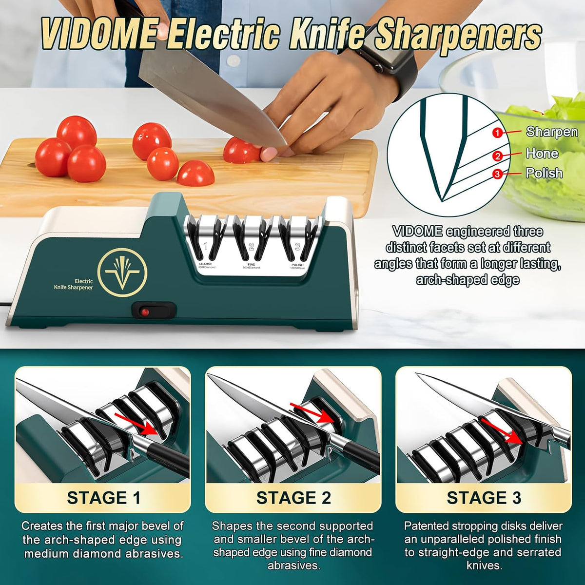 VIDOME Professional 3-Stage Electric Knife Sharpener
