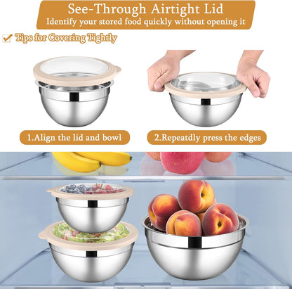 LIANYU Mixing Bowls with Airtight Lids Sets, 3 Packs Stainless Steel Metal Mixing Bowls, Ideal for Prepping, Cooking, Storage, Serving, Freezer & Dishwasher Safe, Khaki