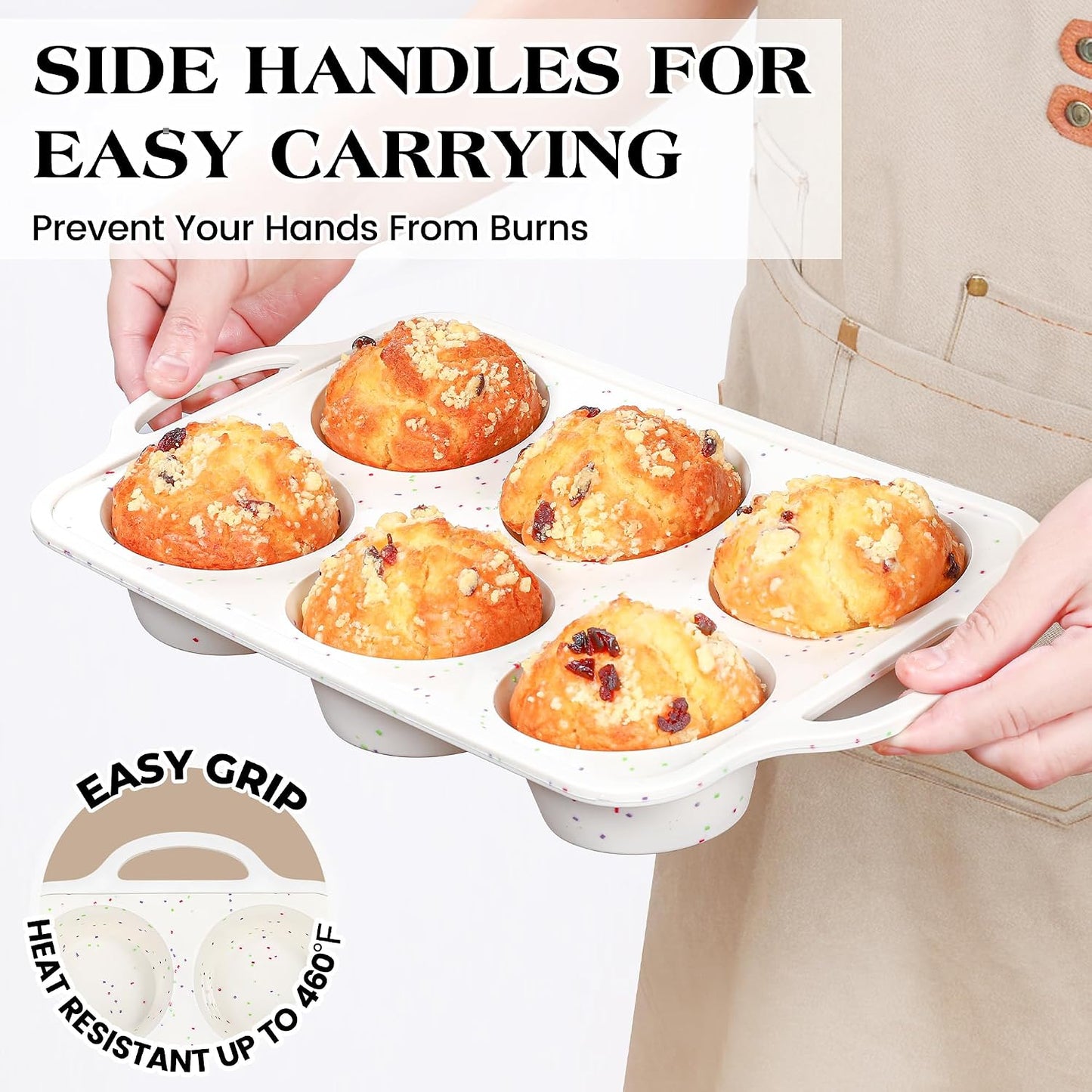 Regular 12 Cup and Mini 24 Cup Nonstick Cupcake Pan Set Silicone Muffin Pan for Baking Silicone Cupcake Mold with Metal Reinforced Frame BPA Free (2 Pcs, Cream)