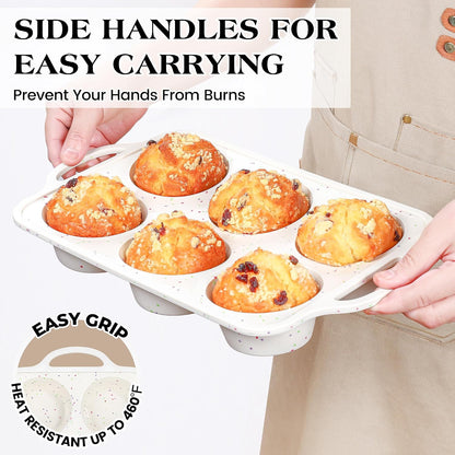 Regular 12 Cup and Mini 24 Cup Nonstick Cupcake Pan Set Silicone Muffin Pan for Baking Silicone Cupcake Mold with Metal Reinforced Frame BPA Free (2 Pcs, Cream)