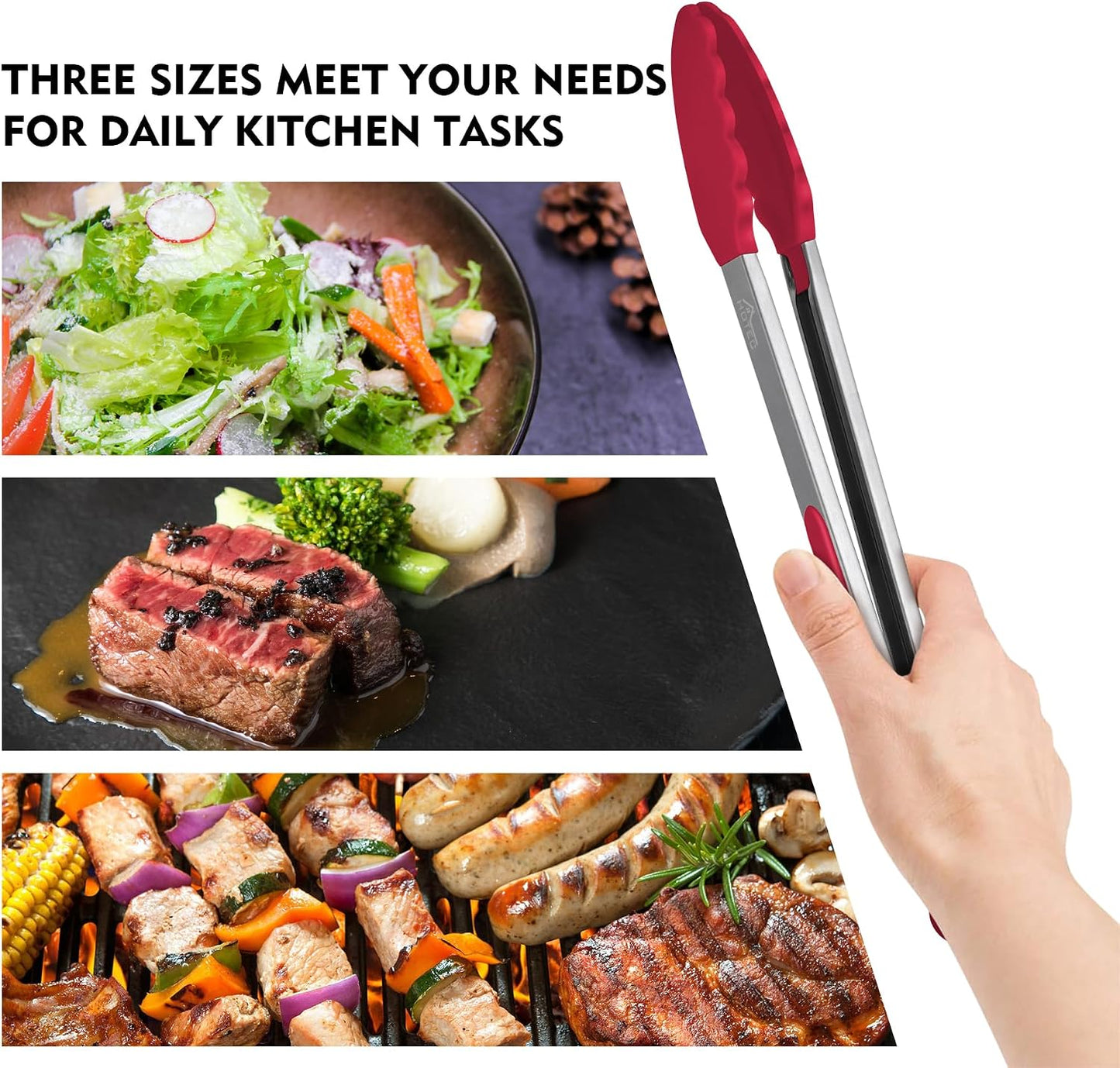 HOTEC Premium Stainless Steel Locking Kitchen Tongs with Silicon Tips, Set of 2-9" and 12"