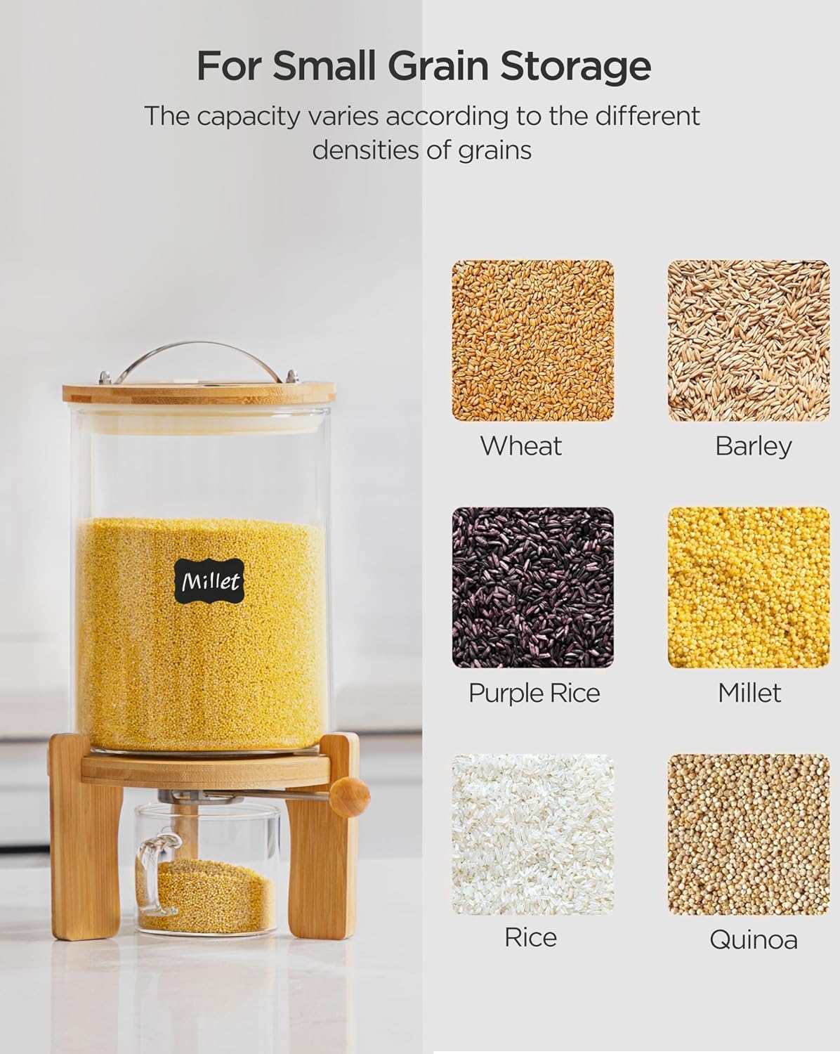 5-7 lbs Glass Rice Dispenser with Wooden Stand Flour and Cereal Container with Glass Measuring Cup & Labels & Slider mat Pantry Food Organization Storage Bin with Airtight Bamboo Lid, 3L