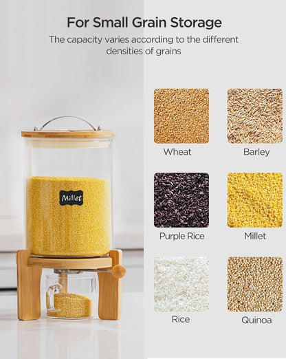 5-7 lbs Glass Rice Dispenser with Wooden Stand Flour and Cereal Container with Glass Measuring Cup & Labels & Slider mat Pantry Food Organization Storage Bin with Airtight Bamboo Lid, 3L
