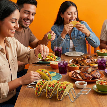 6 Pcs Taco Holders, Stainless Steel Taco Shell Holder Stand, Tacos Tray Plates, Holds 4 Tacos Each, Oven Safe for Baking, Dishwa sher and Grill Safe For Soft & Hard Shell with Handles