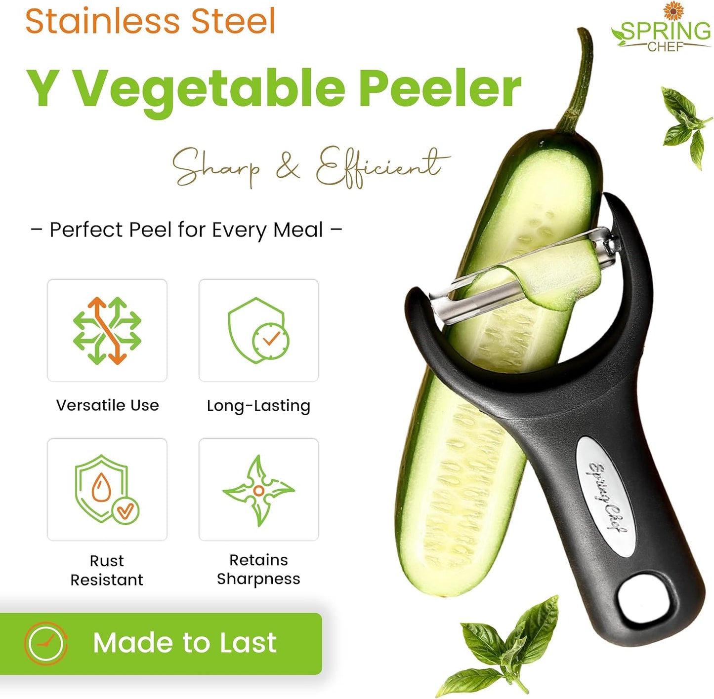 Spring Chef Vegetable Peelers for Kitchen - Stainless Steel Swivel, Y & Julienne Peelers, Potato Peelers with Soft Grip Handles, Kitchen Utensils Set of 3 for Fruits, Veggies, Apples, Carrots