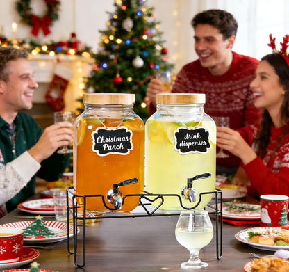 2 Pack1Gallon Glass Drink Dispenser with Stand&Bamboo Lids&Fruit Infuser,304 Stainless Steel Leak-Proof Spigot,Beverage Dispenser for Parties,Water Sangria Juice Sun Tea Lemonade(Natural)