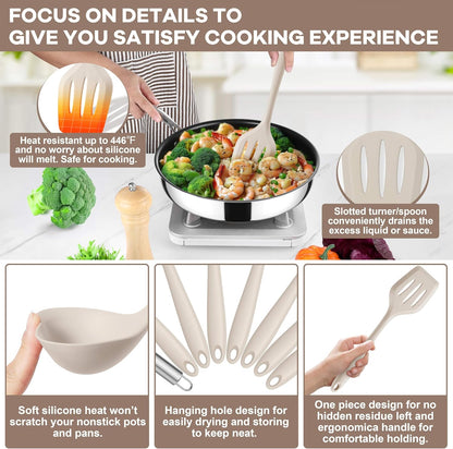 TeamFar Silicone Cooking Utensils Set, 8 PCS Kitchen Utensils Set, 446°F Heat Resistant, Turner, Spatula, Spoon, Whisk, Kitchen Cooking Gadgets Tools for Nonstick Cookware, Dishwasher Safe-Khaki