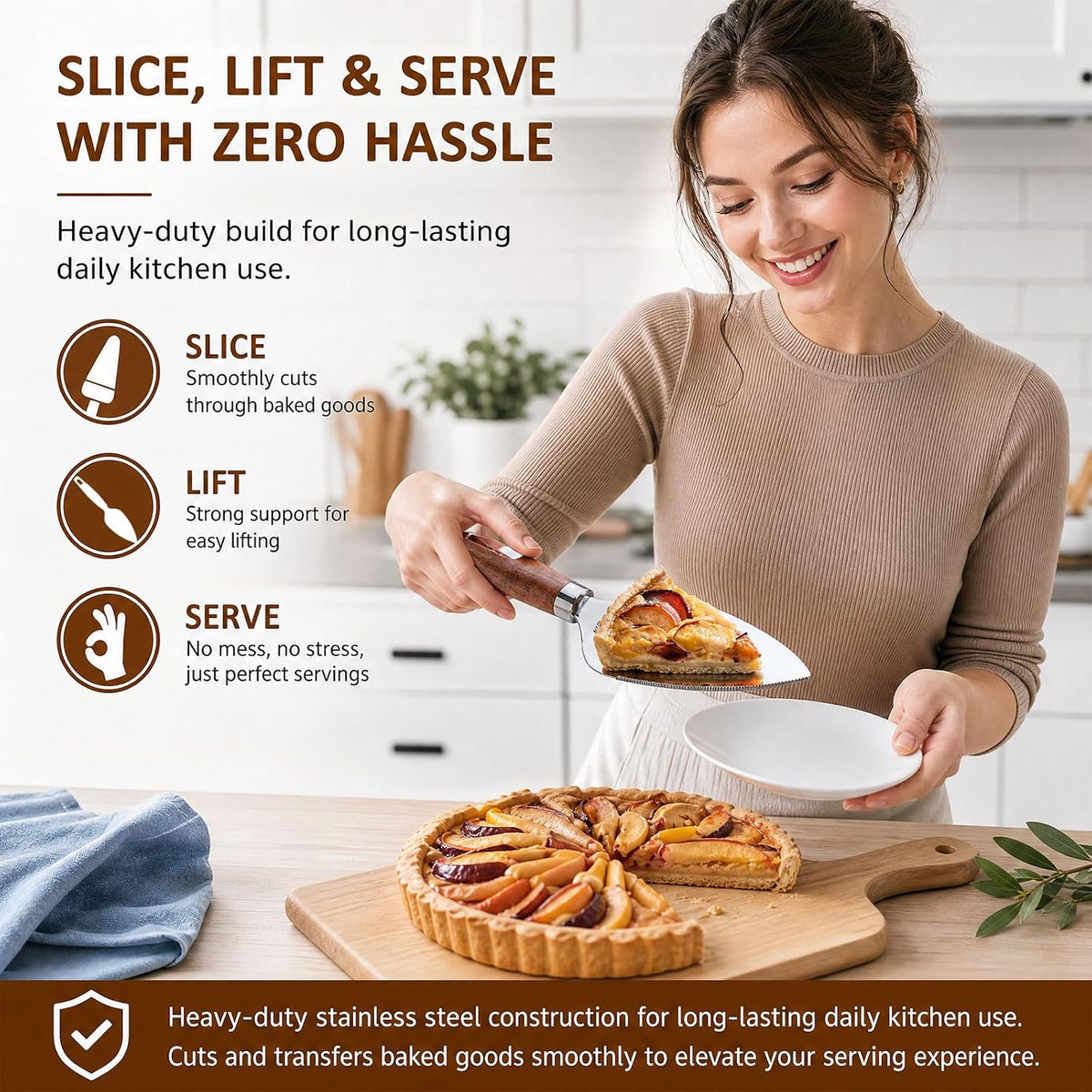 Stainless Steel Serrated Pie Server Spatula – 1 PCS Wooden Non-Slip Easy Grip Cake Cutter and Server, Left & Right Handed Dessert Serving Tool with Hanging Hole for Pies, Pizza, Lasagna, Wedding Cakes