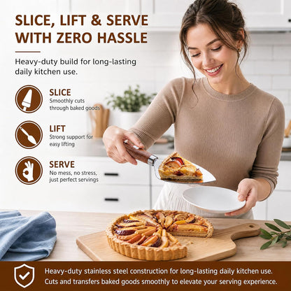 Stainless Steel Serrated Pie Server Spatula – 1 PCS Wooden Non-Slip Easy Grip Cake Cutter and Server, Left & Right Handed Dessert Serving Tool with Hanging Hole for Pies, Pizza, Lasagna, Wedding Cakes