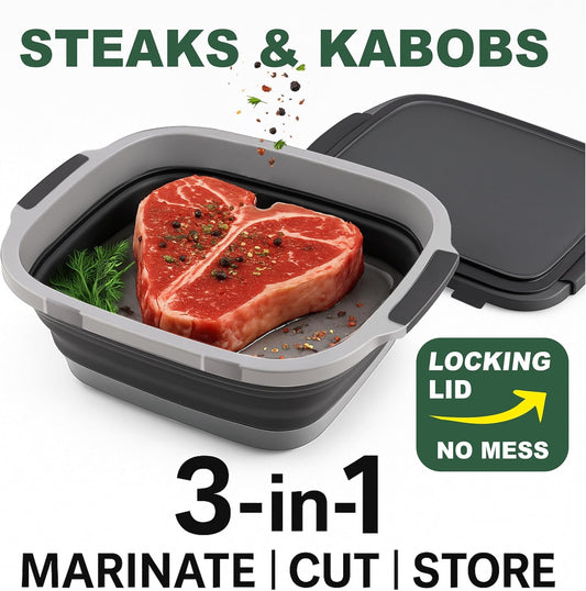 BBQ Prep Tub Collapsible X-Large with Cutting Board, Locking Lid – Meal Prep Food Prep Containers with Lids for Resting Meat –3 Adjustable Height - Ideal for Camping, Picnic, Dish Basin
