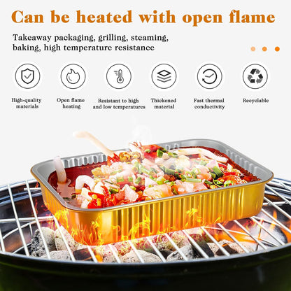10 Pack Gold Aluminum Foil Pans with Lids, 9x7.4 Inch Disposable Reusable Oven Safe Food Containers, Freezer & BBQ Grill To-Go Pans for Baking, Meal Prep, Thanksgiving & Party