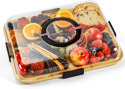 Charcuterie Board with Clear Lid, Portable 6-Compartment Cheese & Snack Tray, Reversible Bamboo Cutting Board, Secure Latch Closure for Picnics, Parties & Light Travel, Housewarming Gift