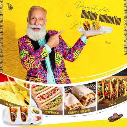 Baderke 40 Pack Disposable Plastic Taco Plates, Fiesta Tacos Holder Tray PP Taco Holder Plates with 2 Dividers for Soft & Hard Shells for Tacos Tuesday Bar, Parties, Picnics (Black)
