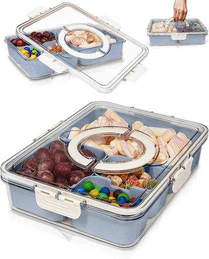 Small Snackle Box Container - Travel Snack Box Container - Snacklebox - Divided Serving Tray With Lid and Handle - Portable Snack Tray With Lid - Snackle Boxes 4 compartment Grey Blue (Cream)