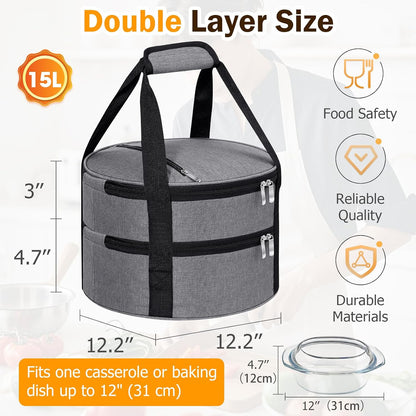 Round Insulated Casserole Carrier – 12" Portable Pie Carrier Bag for Hot or Cold Food, Leakproof Thermal Lunch Tote with Handle for Parties Picnic & Travel - Grey