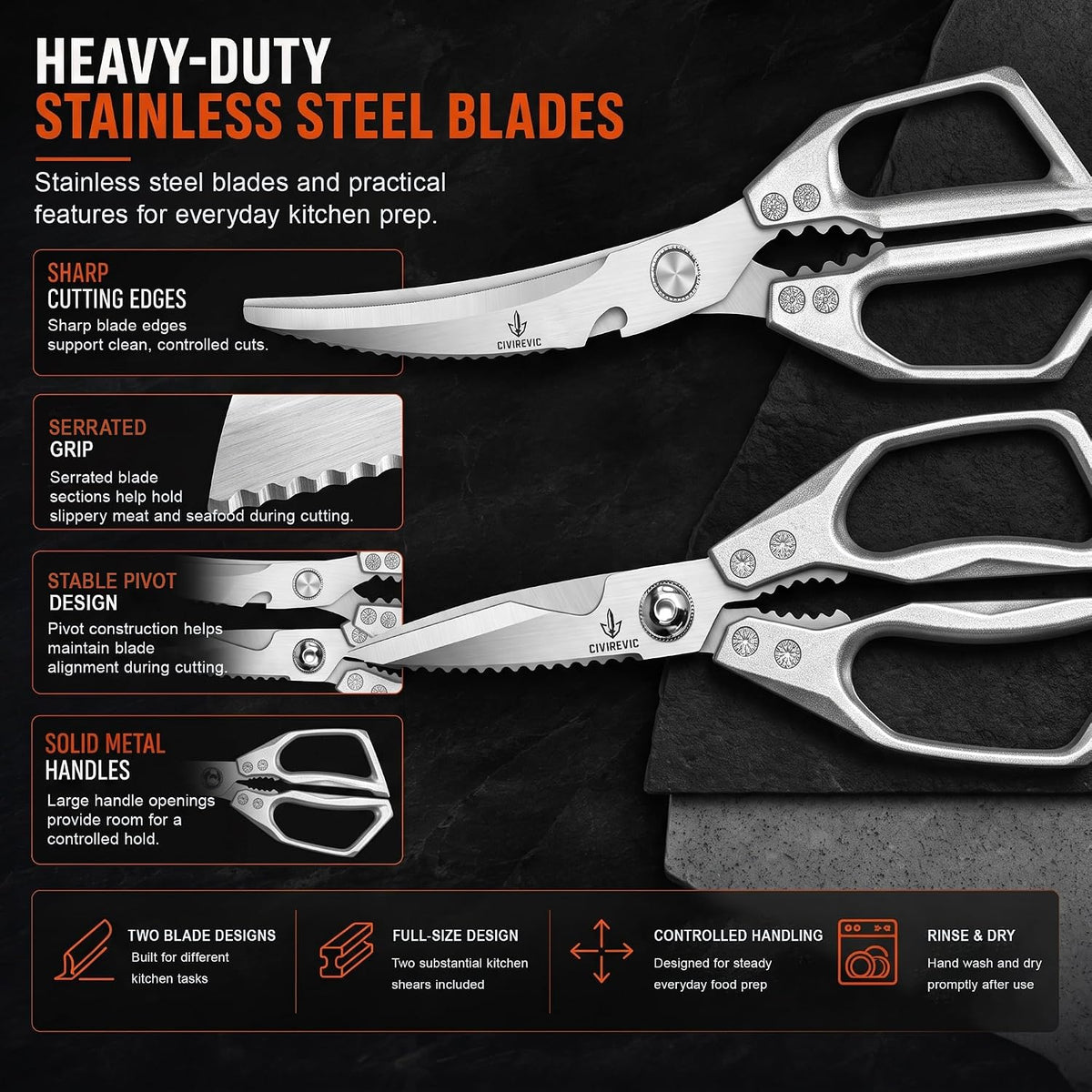 Heavy Duty Kitchen Shears 2 Pack, Full-Size Stainless Kitchen Scissors