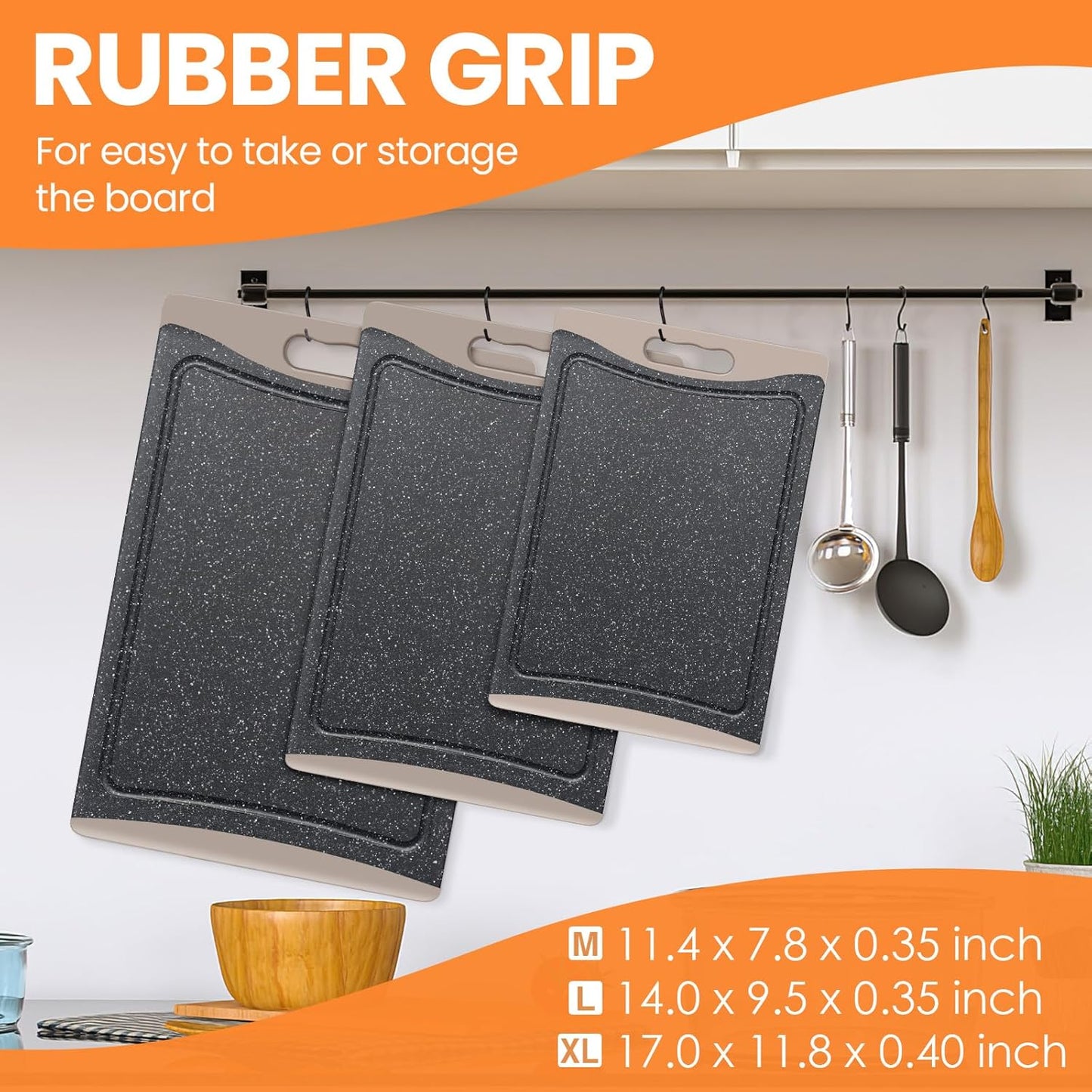 Extra Large Cutting Boards, Plastic Cutting Boards for Kitchen (Set of 3) Cutting Board Set Dishwasher Chopping Board with Juice Grooves Easy-Grip Handles, Dark Grey, Empune