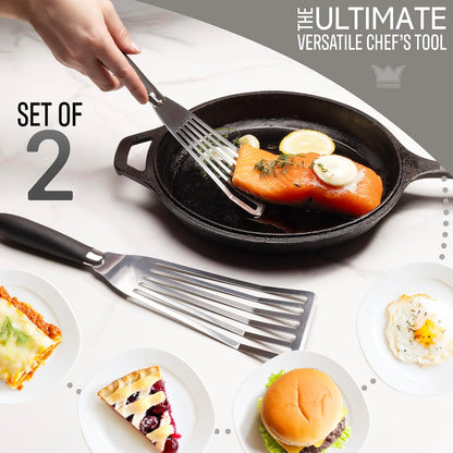 Professional Fish Spatula Stainless Steel Set - 1 Large + 1 Small stainless steel spatula - mirror polished spatulas with heat resistant ergonomic handles - fish turner for Flipping, Frying & Grilling