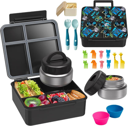Bento Lunch Box with 9.5 oz Soup Thermo, Kids Leakproof 4 Compartments Bento Box with Silicone Cupcake,Fruit Fork,Spoon and Sauce Cup,Insulated Food Jar for School Travel-Black
