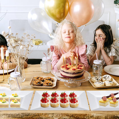 Mwellewm 12 Pcs White Plastic Serving Trays with Gold Rim, 14''x9'' Rectangle Dessert Trays for Dessert Table, Disposable Platters Cookie Cupcake Gold Serving Tray for Birthday Party Wedding