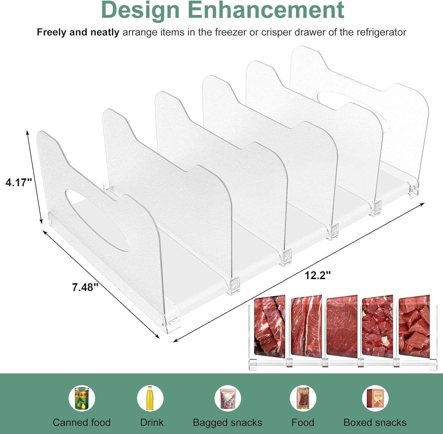 SURETIVIAN Freezer Organizer 12” Visible Fridge Organizer Rack with Removable Dividers and Handles, Freely Adjustable, Fits Refrigerator Frozen Meals, Lunch Meat Box, Cheeses (Mint Green)
