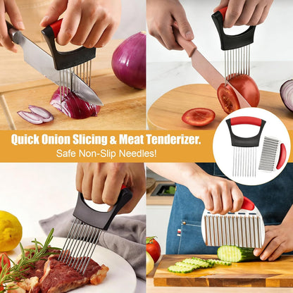 Onion Holder for Slicing – Stainless Steel Onion Cutter Guide for Even Slices, Safe Finger Protection, Vegetable Chopper & French Fry Cutter