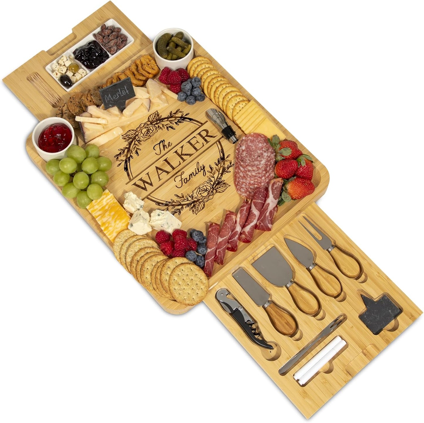 Personalized Charcuterie Board Gift Set, Custom Engraved Large Bamboo Cheese Board with Double-Sided Design, Knife Drawer, Ceramic Bowls & Cheese Knives, Wedding, Anniversary & Housewarming Gift