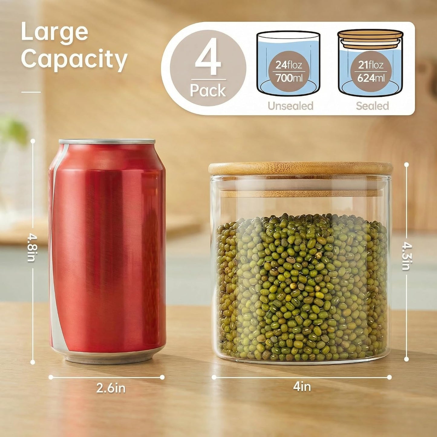 32oz - 4 Pack Glass Jars with Bamboo Lids, Glass Pantry Storage Containers with Airtight Lids, Round Air Tigh Food Storage Canisters for Cereal, Pasta, Flour, Sugar, Rice, Best for Kitchen Organizer