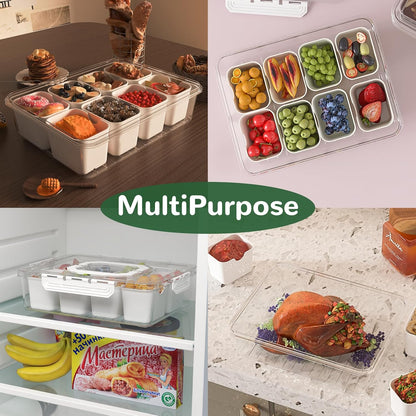 REBECAT Divided Serving Tray with Lid and Handles 9 Compartments Snack Box Container Charcuterie Organizer Snackle Box Container for Candy,Nuts，Fruits,Snacks,2 Pack,Beige