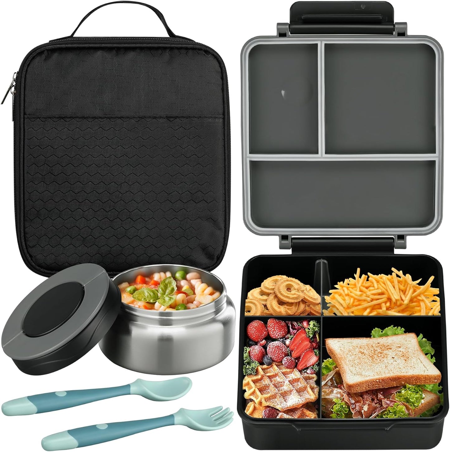 Itslife Bento Lunch Box for Kids with 8oz Soup Thermo&Lunch Bag, Leak-Proof Lunch Food Containers with 4 Compartment, Hot Food Insulated Food Jar for Kids School (Green)