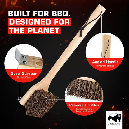 The Original Non Metal Grill Brush for Outdoor Grill | High Temp Heat Resistant BBQ Cleaning Brush | Long Lasting Wooden BBQ Cleaner with Scraper, Safe for Cast Iron Grates - Natural Wood