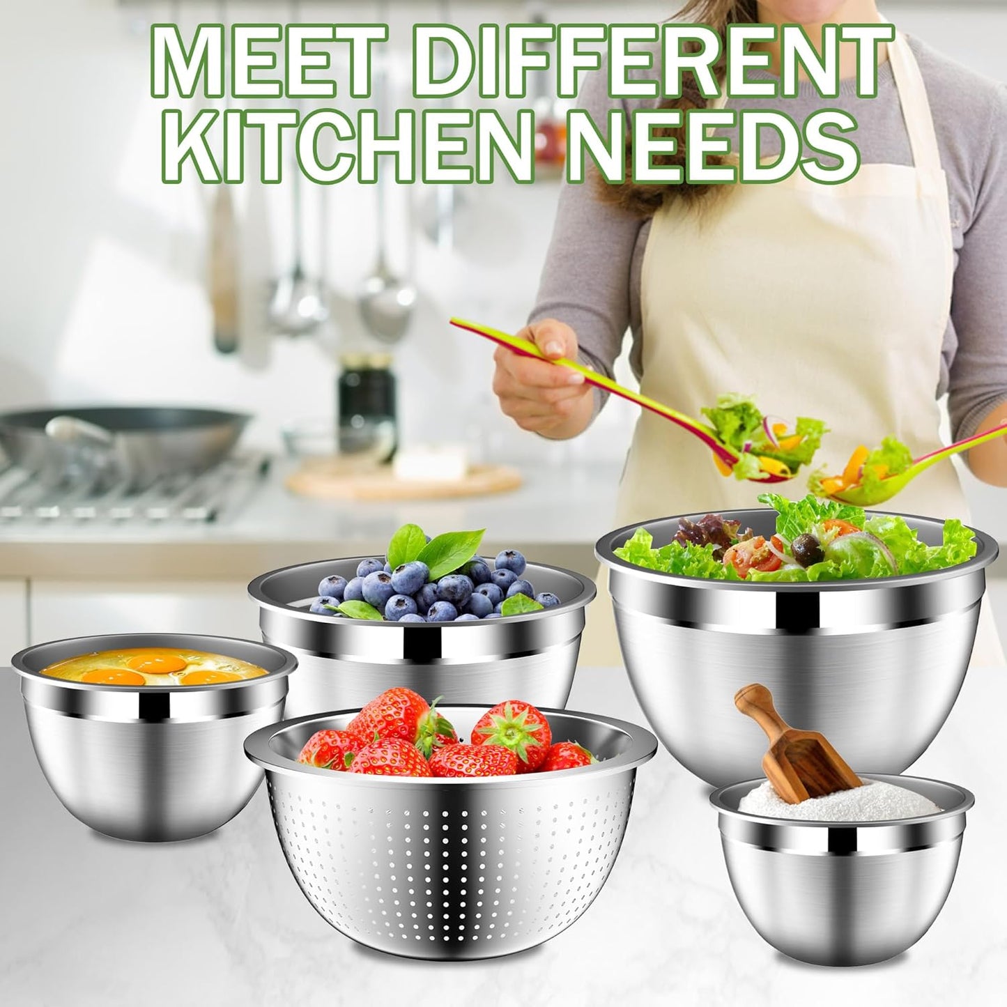 DUTZUN Mixing Bowls with Lids Set - 16pcs Stainless Steel Mixing Bowl Set with Colander, 3 Grater Attachments, Non-Slip Bottom, Metal Nesting Bowls with Strainer for Mixing & Serving - Black