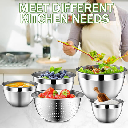 DUTZUN Mixing Bowls with Lids Set - 16pcs Stainless Steel Mixing Bowl Set with Colander, 3 Grater Attachments, Non-Slip Bottom, Metal Nesting Bowls with Strainer for Mixing & Serving - Black