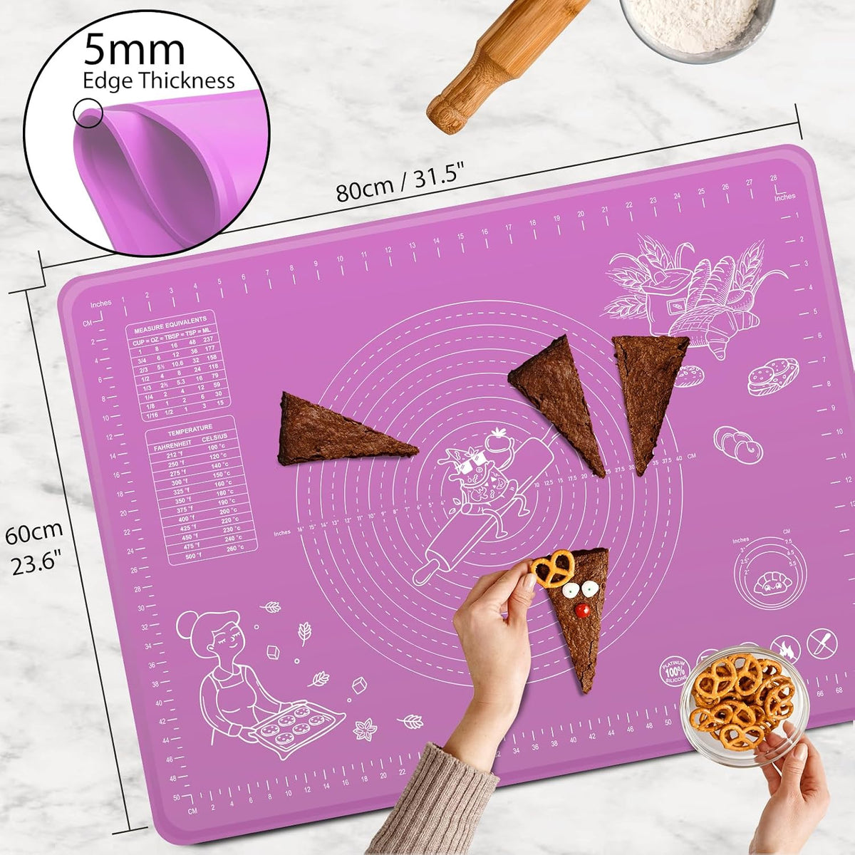Silicone Baking Mat 28" x 20" Extra Thickness Dough Rolling Mat with Measurements and Edge Heightening, Non-stick Food Grade Silicone Pastry Mat for Pastry, Bread, Cookies, Pizza, Fondant, Pasta-Black