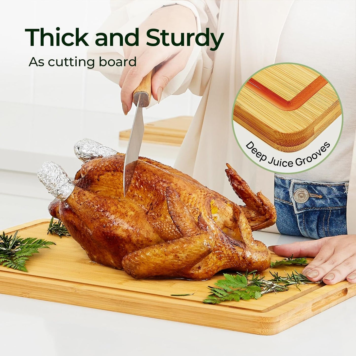 Keechee Wood Cutting Board for Kitchen - Reversible Bamboo Cutting Boards Gift Set of 3 with Juice Groove, Wooden Chopping Board for Meat, Fruit, Vegetables & Cheese (Pre Oiled, Natural)