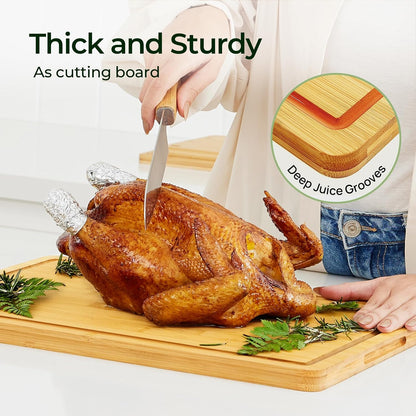 Keechee Wood Cutting Board for Kitchen - Reversible Bamboo Cutting Boards Gift Set of 3 with Juice Groove, Wooden Chopping Board for Meat, Fruit, Vegetables & Cheese (Pre Oiled, Natural)