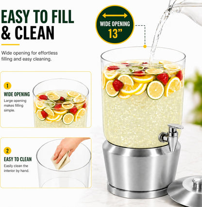 Drink Dispenser with Ice Chambers, Lemonade Tea Water Dispenser with Spigot, Stainless Steel Beverage Jar Jug, Perfect for Home Parties, Weddings, Gifts & Events (Gold, 3, Gallons)